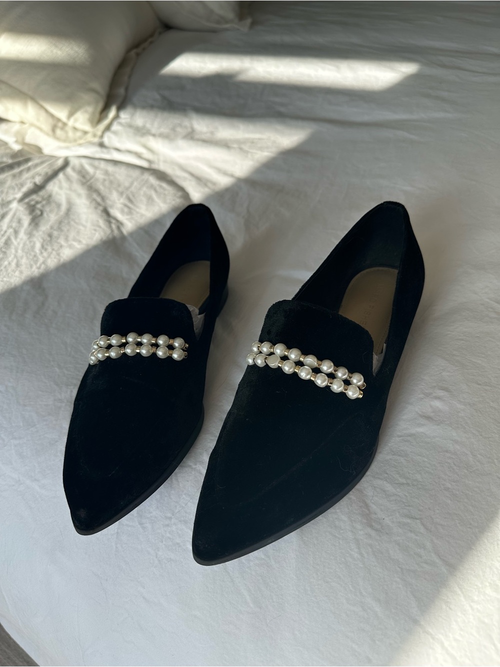 Marc Fisher Black Velvet Pearl-Trim Pointed Loafers, size 8 - Picture 3 of 11